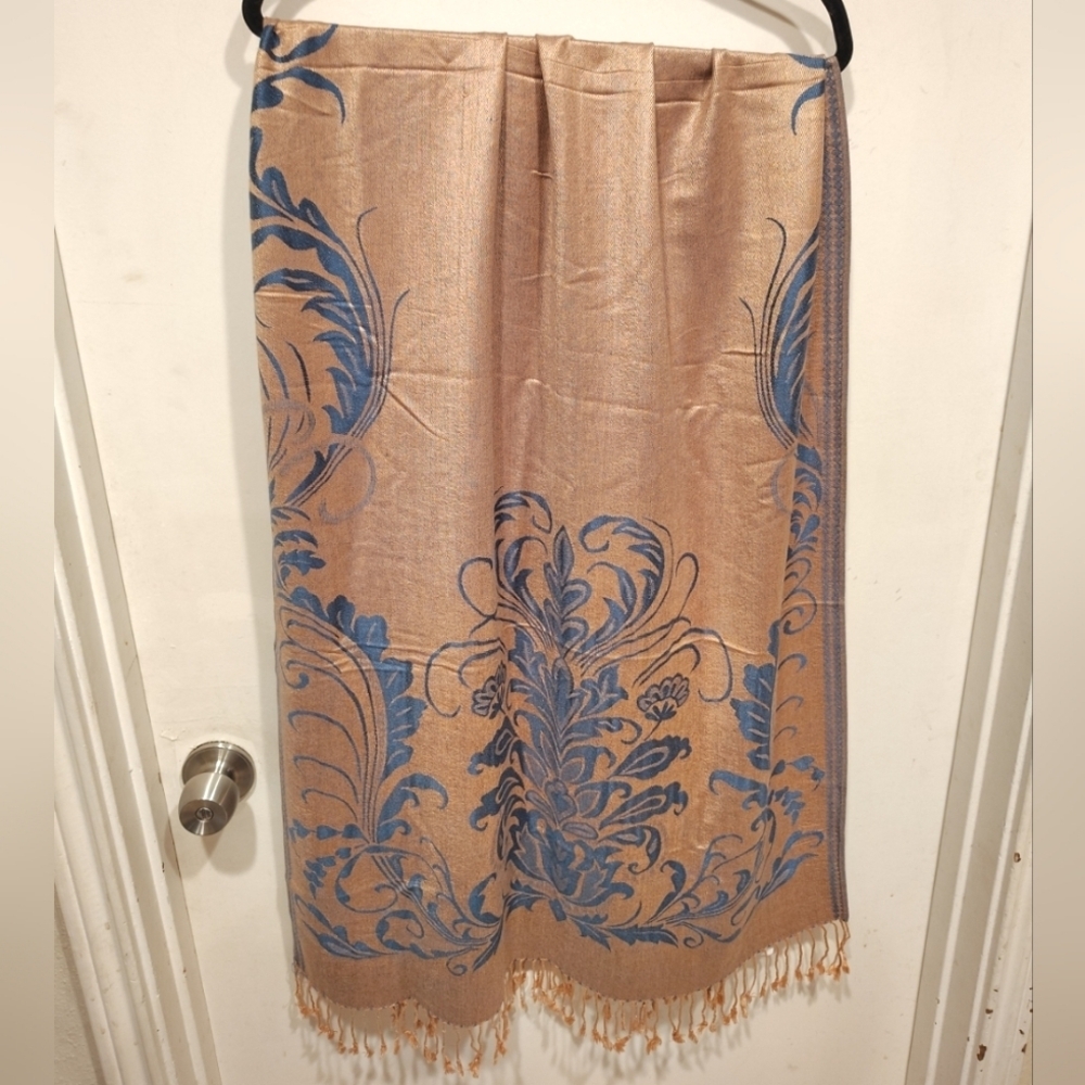 Original USA NWT Reversible Blue & Gold Fringed Pashmina Style Scarf 27" X 70"